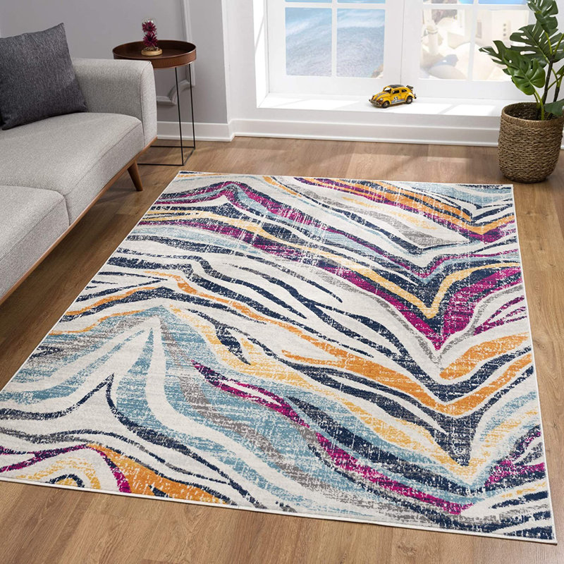 Raen Ivory Blue and Gold Abstract Area Rug, Rectangle 4' x 6'