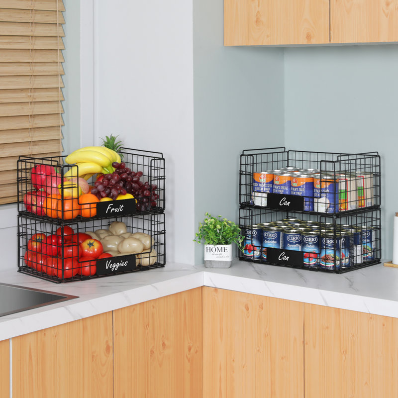 4 Pack XXL Stackable Wire Baskets with Handles for Pantry Storage and Organization, Fruit and Vegetable Basket with Name Plates, Metal Storage Bins for Snack Can Fruit Vegetables