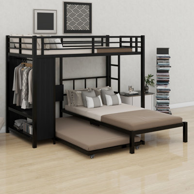 Lit superposé en métal avec garde-robe, lit gigogne, bureau pliable, échelles