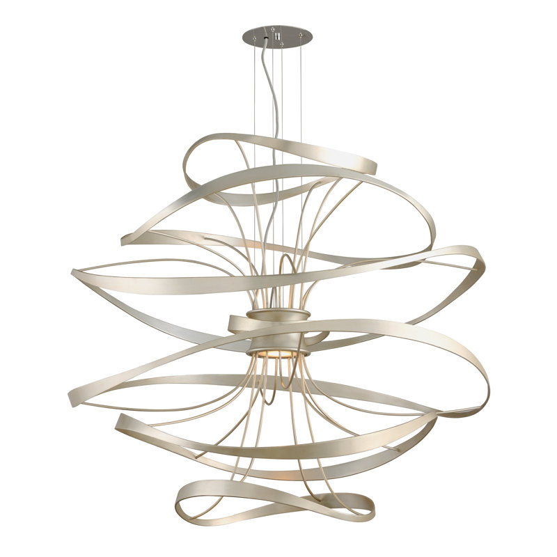 Calligraphy 2 - Light Unique Geometric LED Chandelier, 16.5" H x 18" W x 18" D, Silver Leaf with Polished Stainless Accents