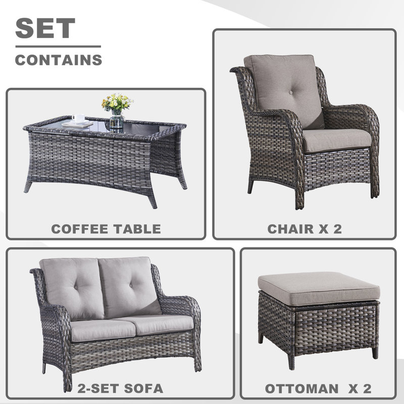 Ensemble de conversation avec canapé en rotin 6 pièces avec coussins Bonia, Cadre gris / coussin gris