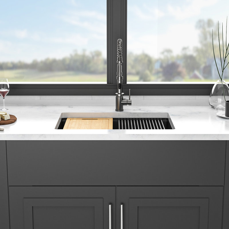 Évier de cuisine 28 pouces par 19 comptoir en quartz noir, matériau haut de gamme, surface lisse, élimine les vibrations, avec grille de séchage et grille inférieure noire, composite de 28 po x 19 po