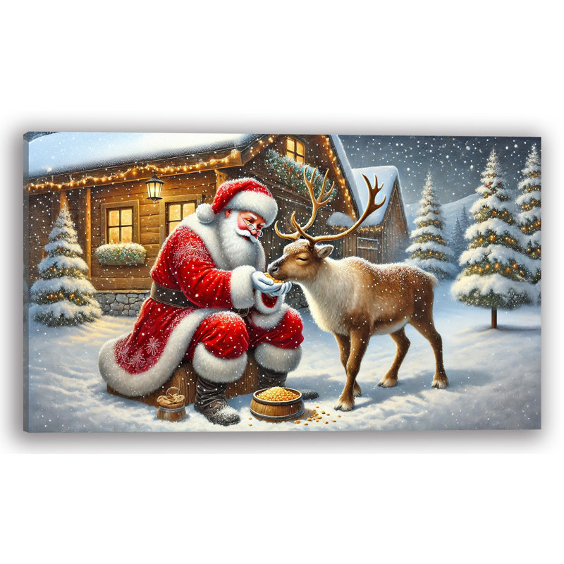 «Santa's Tender Moment with Reindeer»: art sur toile tendue festive, H 20 po x l 35 po