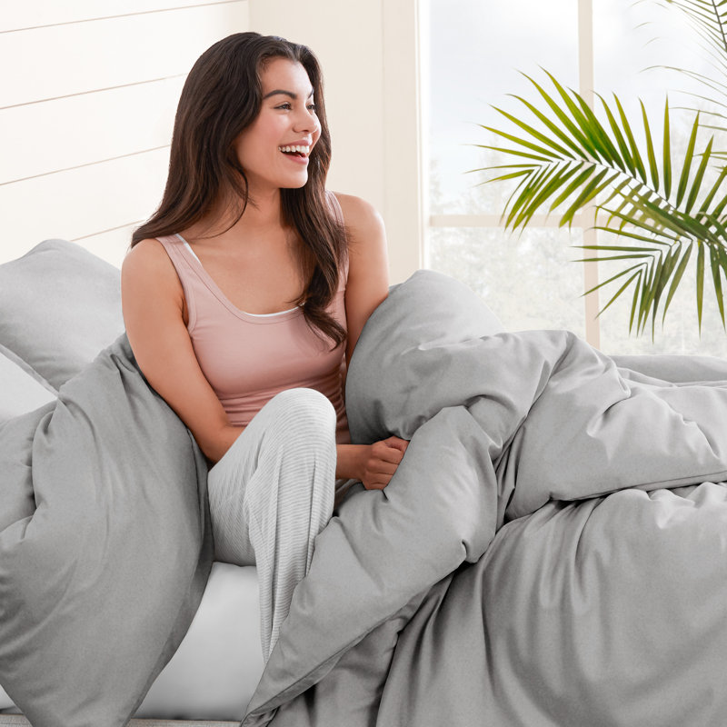 100% Cotton Flannel Duvet Cover Set, King Duvet Cover + 2 King Shams, Light Gray
