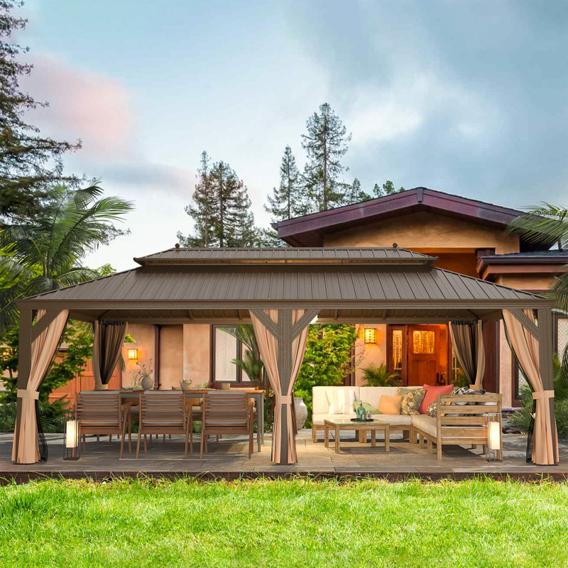 24 Ft. W x 14 Ft. D Hardtop Gazebo, Galvanized Steel Double Roof with Aluminum Frame, Outdoor Gazebo with Curtains and Nettings for Patio, Backyard and Deck