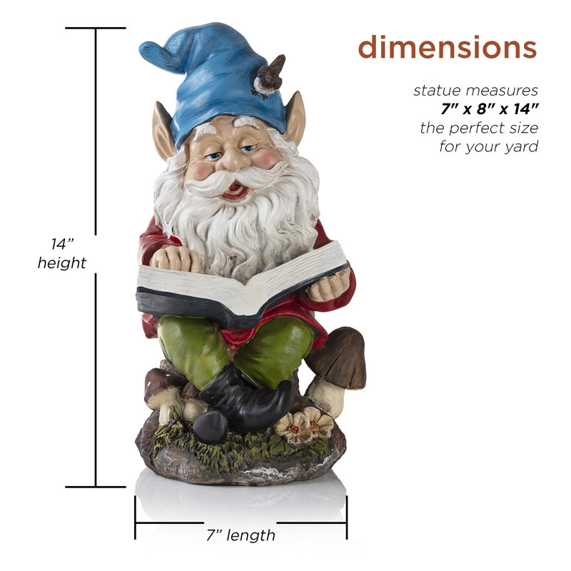 Décoration de statue de jardin en forme de gnome de jardin de 14 po de hauteur Nyla, Jaune, 14'' H X 7'' W X 8'' D