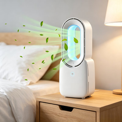 Bladeless Silent Desktop Air Cooler Fan With 5-Color Touch Controlled LED Ambient Light, Portable Desktop Bladeless Fan, Suitable For Bedroom And Office Desks, White
