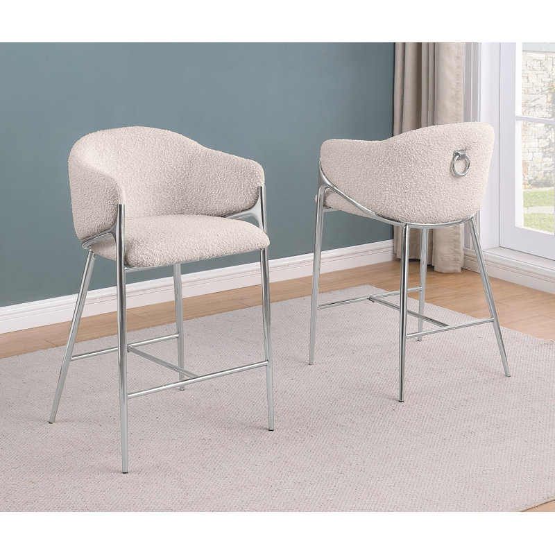 Tabourets de bar en tissu Teddy Boucle, Siège crème / cadre argenté, Tabouret de bar (siège d'une hauteur de 30 po)