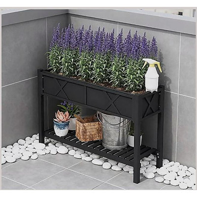 Boîte à fleurs surélevée en bois, lit de jardin surélevé, avec tablette de rangement, trous de drainage et doublure