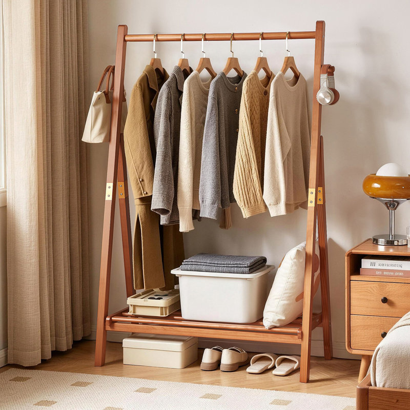 Heavy‑Duty Solid Wood Freestanding Clothes Rack, A‑Shaped Garment Hanger Stand with Bottom Storage Shelf & Side Hooks, Clothing Display Rack