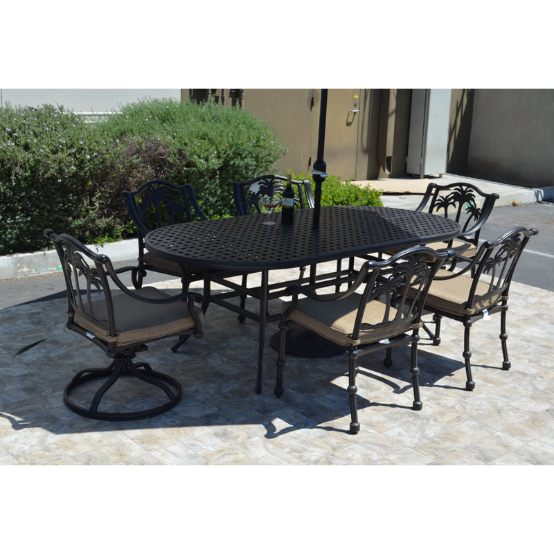 Maccharles 6 - Person Patio Dining Set with Oval Table , Cushions Included, Sesame Sunbrella® Linen