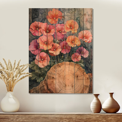 Geraniums Garden At The Wood Slide II - Geraniums Wood Wall Decor - On Natural Pine Wood