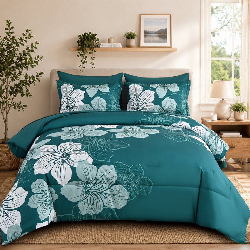 Ensemble d'édredon floral 7 pièces avec draps en microfibre toutes saisons, Édredon de très grande taille et 6 pièces suppl