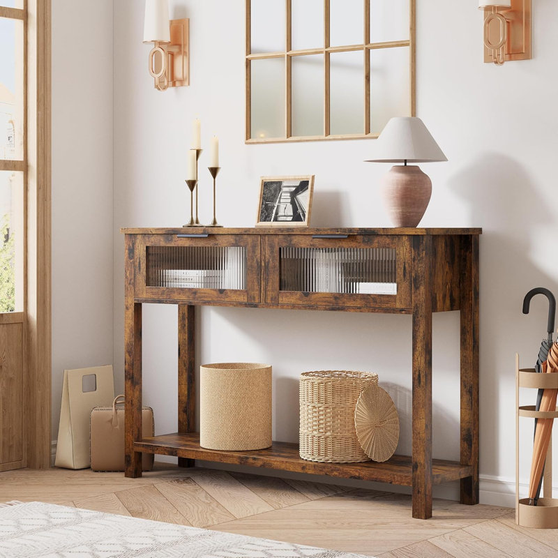 Table d'appoint rustique 43 po avec 2 tiroirs en verre, tablette de rangement ouverte, entrée moderne et décoration de salon Rustic Farmhouse Console