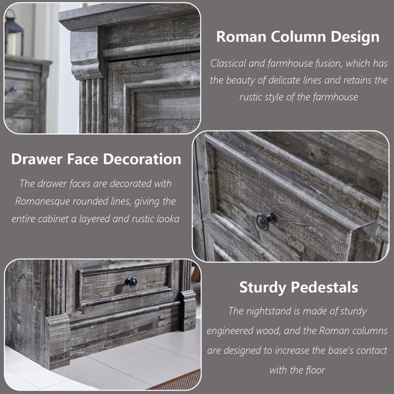 Burlington 26" Tall Nightstand with Charging Station, Farmhouse 23.6" Wide Large End Table w/Roman Column, Gray, 1