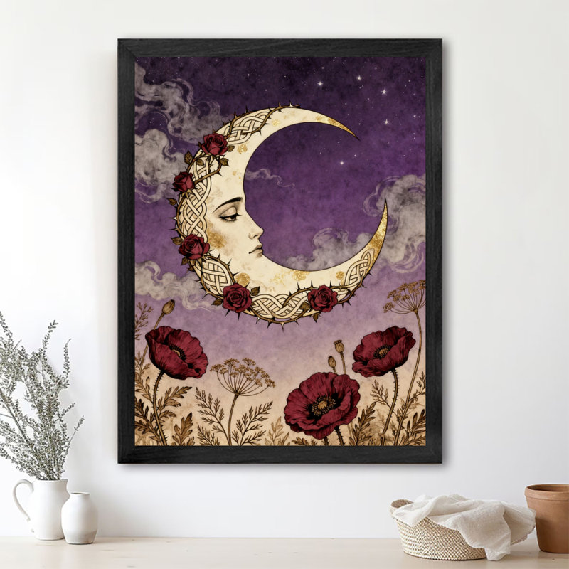 Reproduction d'art encadrée noire rétro fleur lune, H 25 po x l 17 po