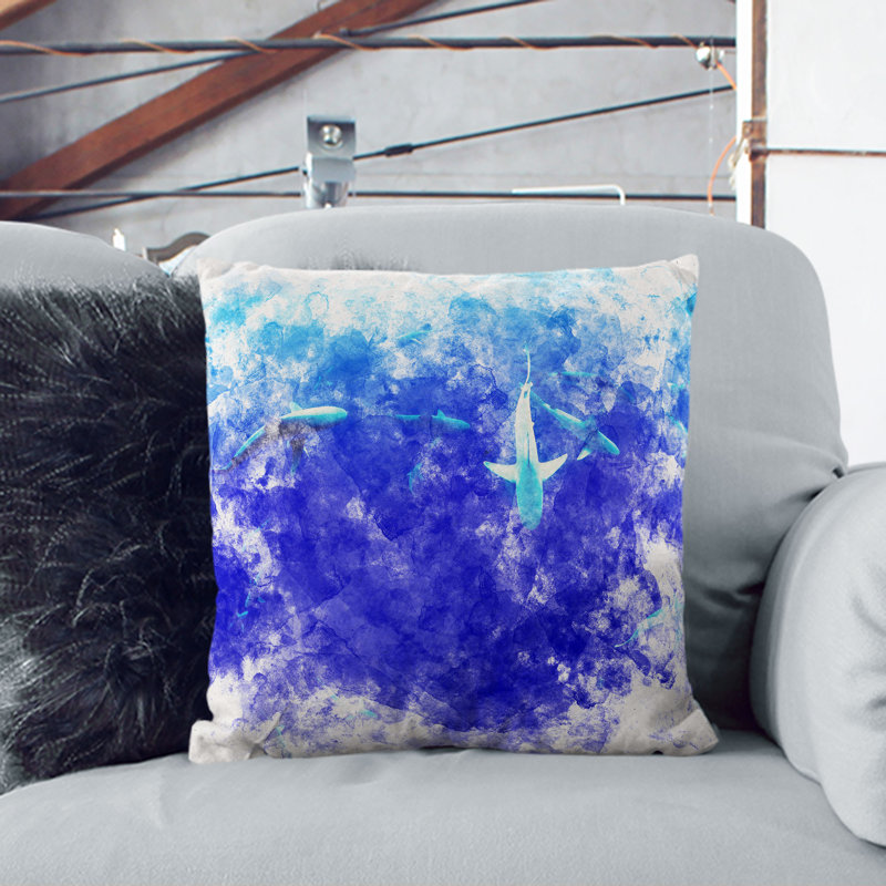 Oahu Sharks Watercolour Cushion with Filling, 55cm H x 55cm W x 20cm D