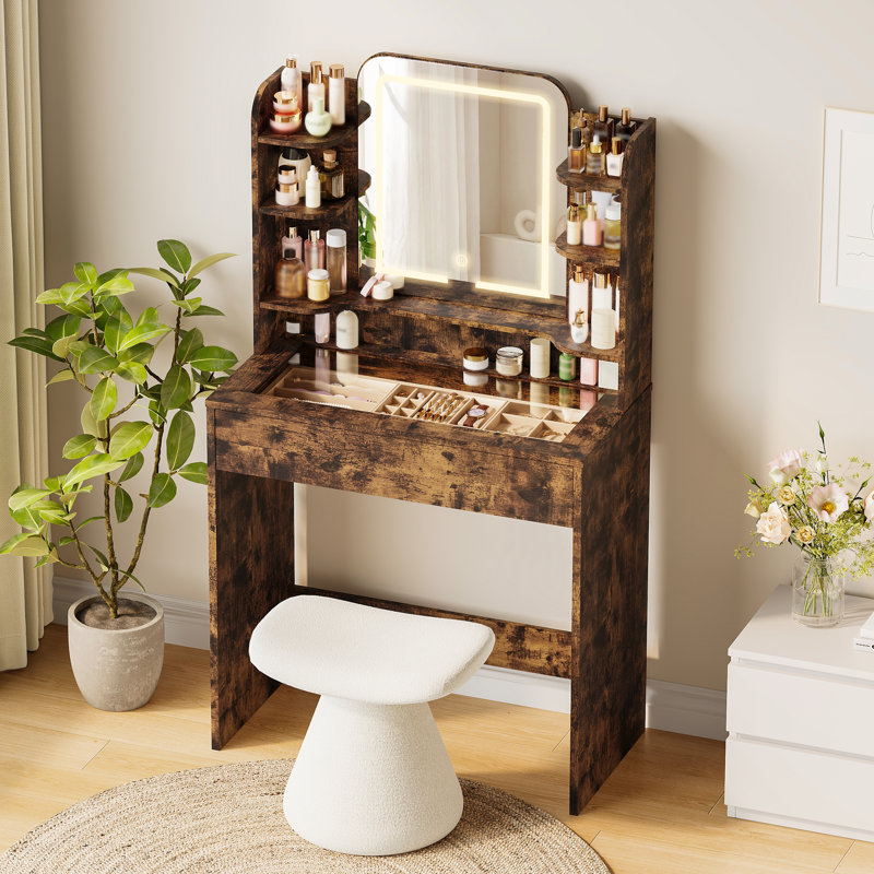 Petite table de coiffeuse avec plateau en verre trempé, miroir à 3 couleurs DEL et tiroir intelligent RVB, application et télécommande, mode pulsation musicale de plus de 6 000 couleurs
