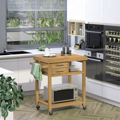 Bamboo Kitchen Island Cart On Wheels, Utility Trolley Cart With 2 Storage Drawers And Open Shelves, Bamboo Tone