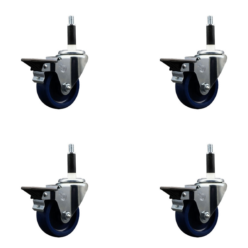 Solid Poly Swivel Expanding Stem Caster Set with Brake SCC PLB 3.5" x 7/8"