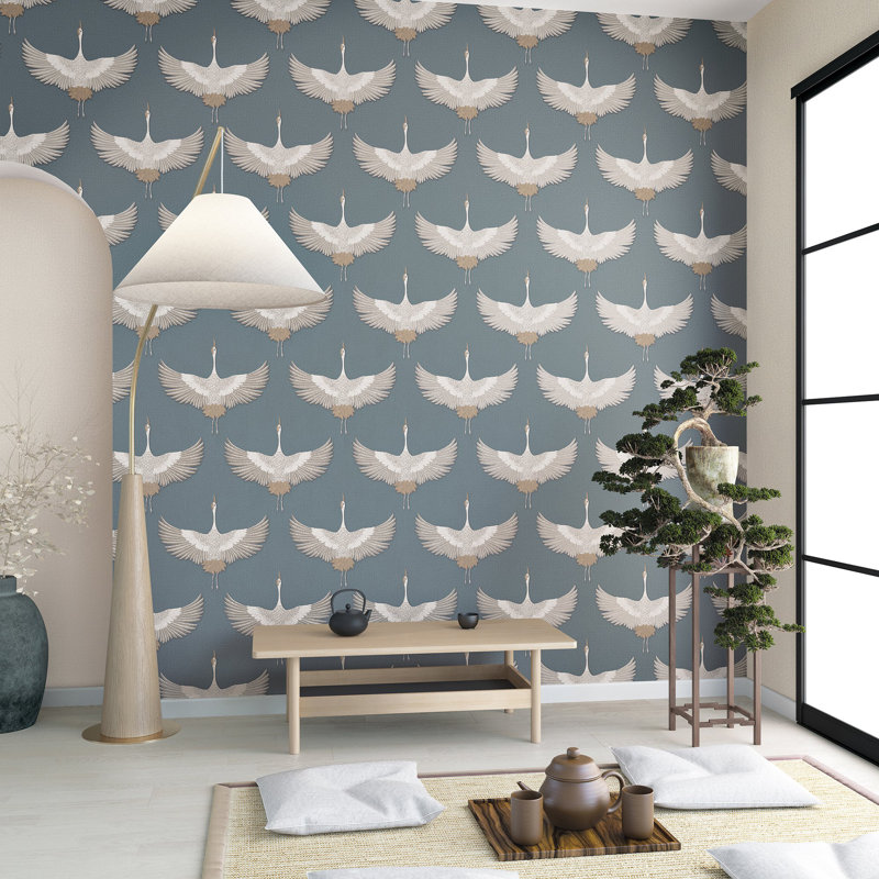 Kumano Pearleascent 3D Embossed Stork Design Wallpaper Roll, Blue