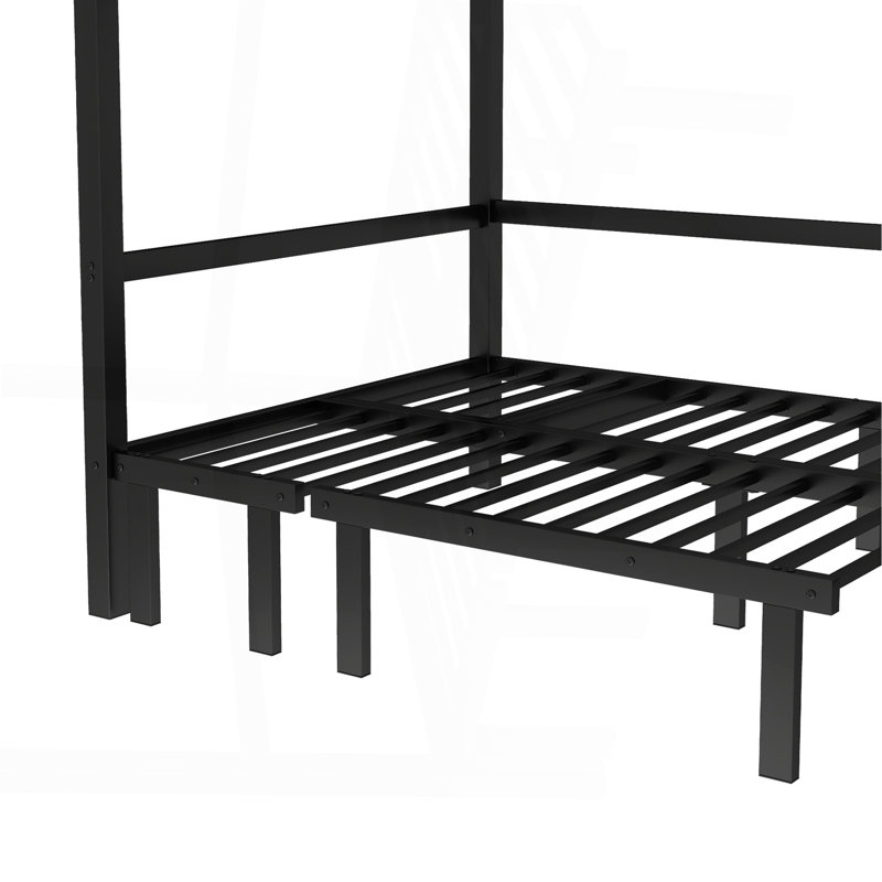 Full Over Full Size Pull-Out Metal Bunk Bed, Lower Bunk Can Be Pulled Out In Three Sections, Top Bunk Equipped With Safety Rails, Black.