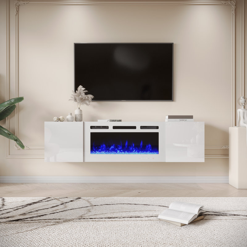 70" Wall Mounted Floating Tv Stand With Electric Fireplace Included, White