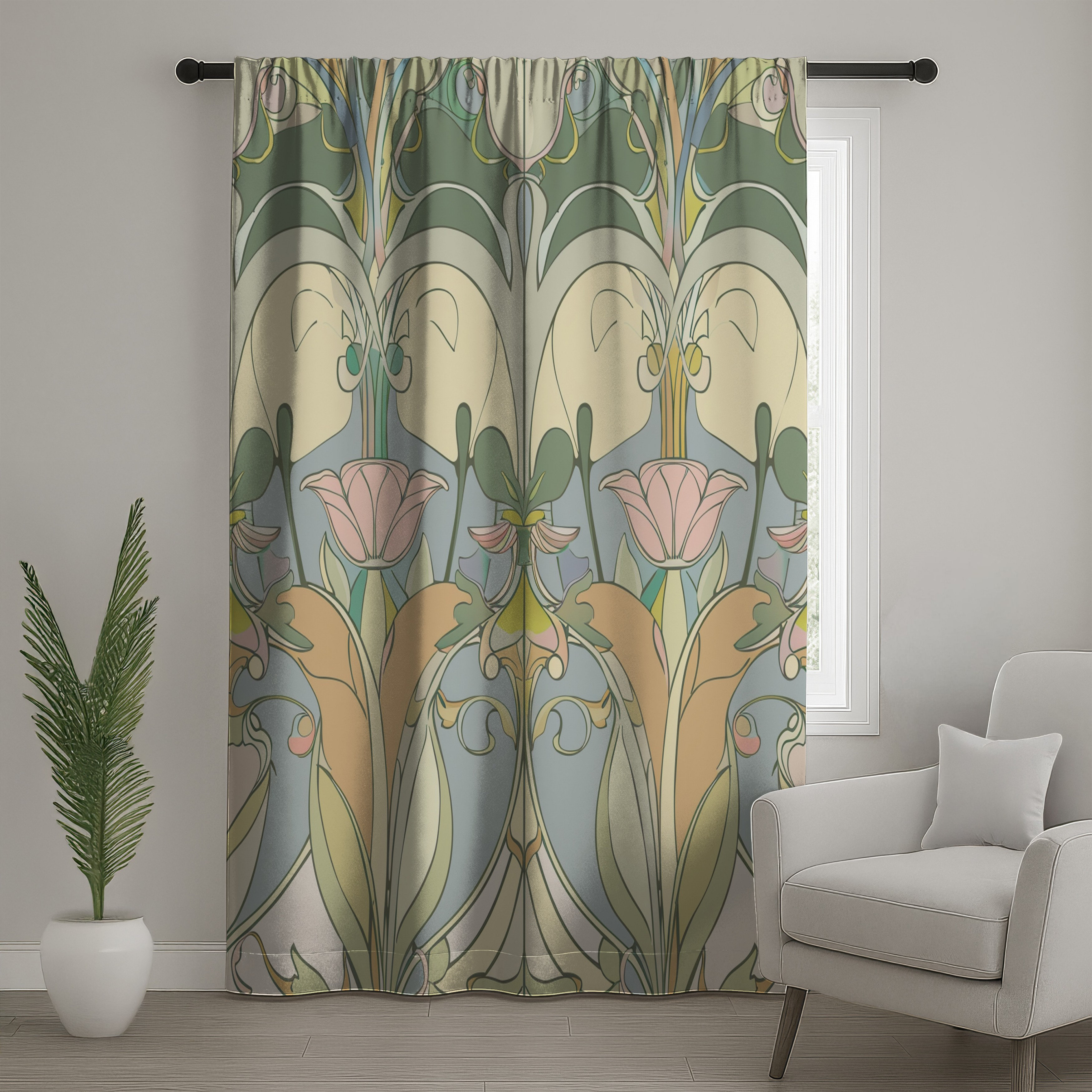 East Urban Home Art Nouveau Window Curtains, Floral Sheer & Blockout