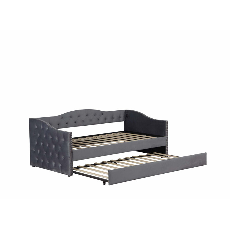 Lit de jour simple rembourré avec lit gigogne, charge USB et bureau d'étude intégré pour une vie intelligente.