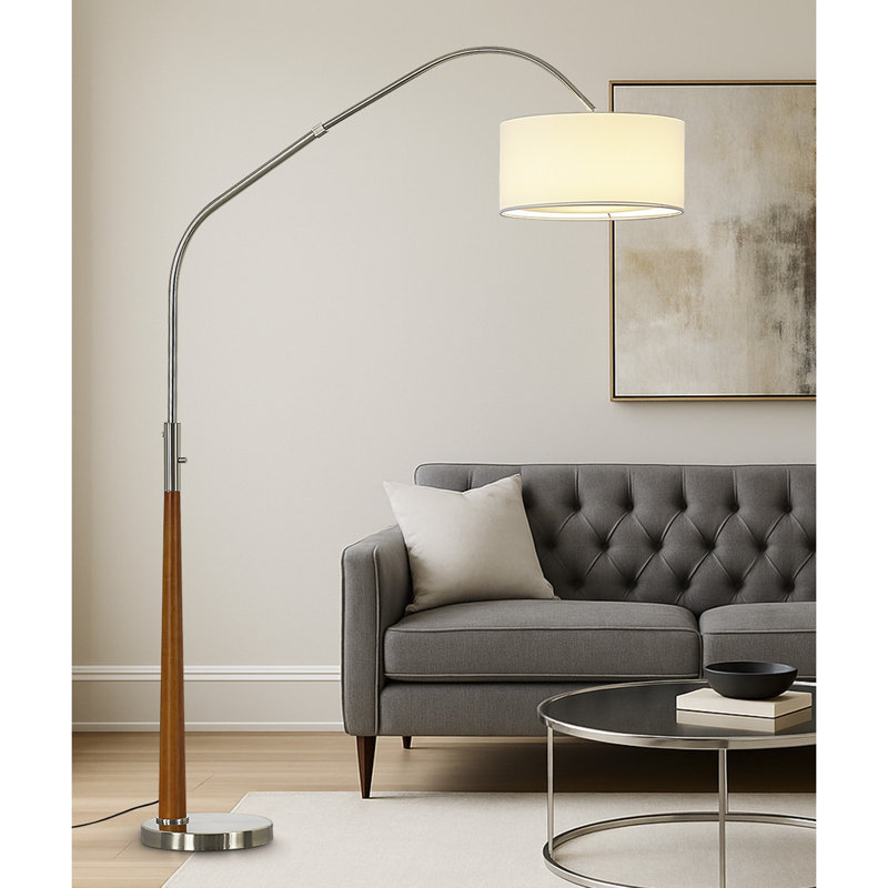 Everly Quinn Quelia 81" Solid Wood Arched Floor Lamp With Dimmable Led Bulb, Brushed Nickel, White