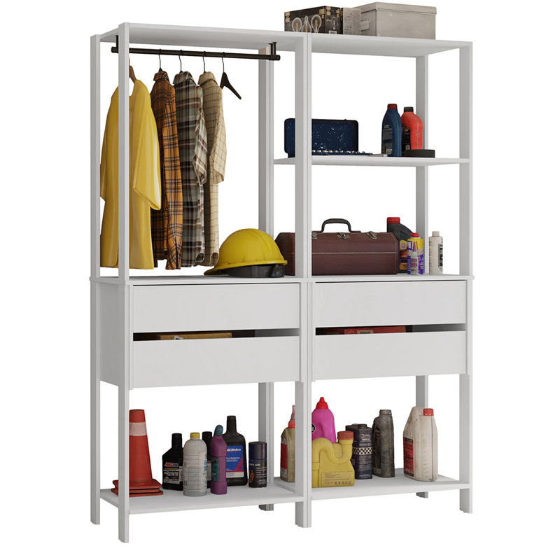  Étagère de rangement pour garage avec 4 tiroirs, 5 tablettes et espace de rangement 55 po L, Blanc
