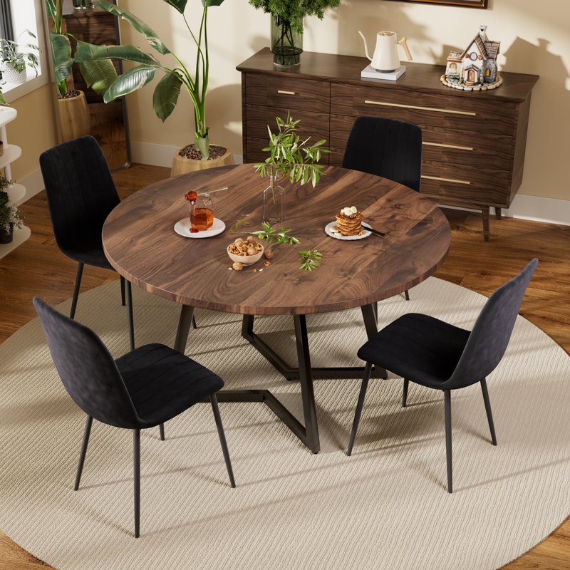 Ensemble de table de salle à manger ronde avec chaises en tissu d'ameublement en velours, 5, Noir, Noyer