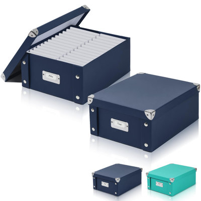 2 Pcs Inch Checks Storage Box With Lid Document Boxes Document Bin Banker Boxes Foldable Receipt Box Storage Navy Blue Cardboard Record Boxes For Business Pesonal Books Files 12"X10"X5"