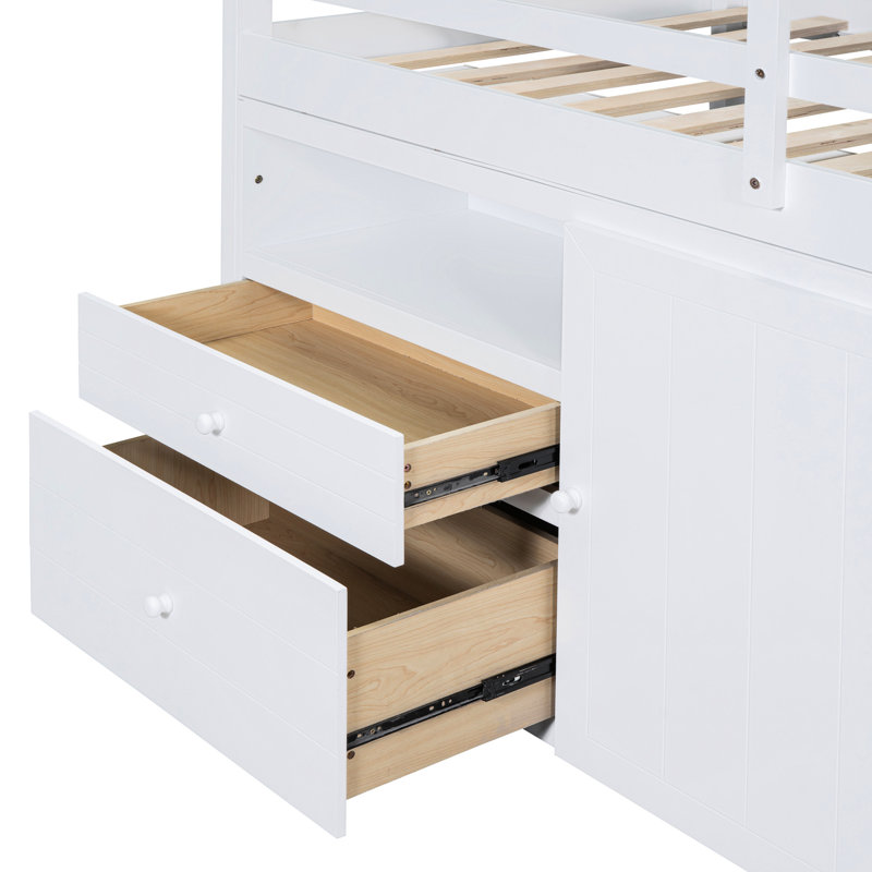 Lit mezzanine simple blanc avec 4 tiroirs, armoire et tablettes - Taille de chambre à coucher idéale pour économiser de l'espace
