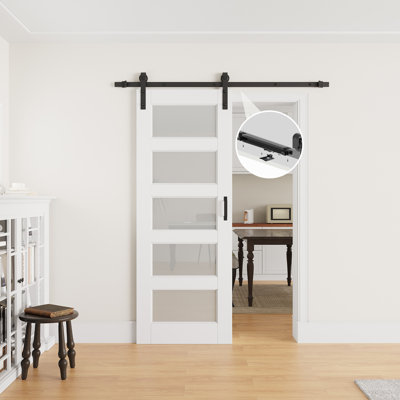 30" × 80" 5-Lite Tempered Frosted Glass Sliding Barn Door with Finished Surface, Ready to Use All Installation Hardware Kit & Soft Close Included, Can Be Repainted, No Assembly Required