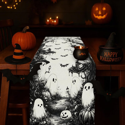 Halloween Table Runner Black Ghost Holiday Burlap Table Decoration Indoor Outdoor Home Decor Party Supply 13 x 90 Inch