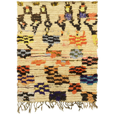 Vintage One-of-a-Kind Rectangle 4' X 5'4" 1940s Wool Area Rug in Beige/Red