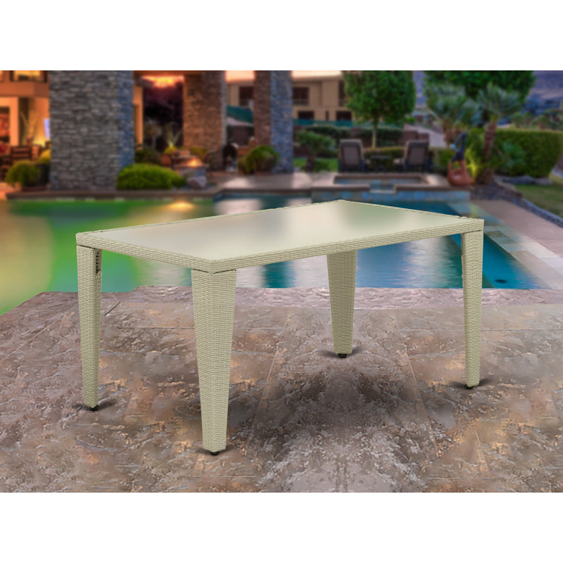 Outdoor Wicker Dining Table - Rectangle PE Wicker Table with Glass Top, Natural Linen, Natural Linen