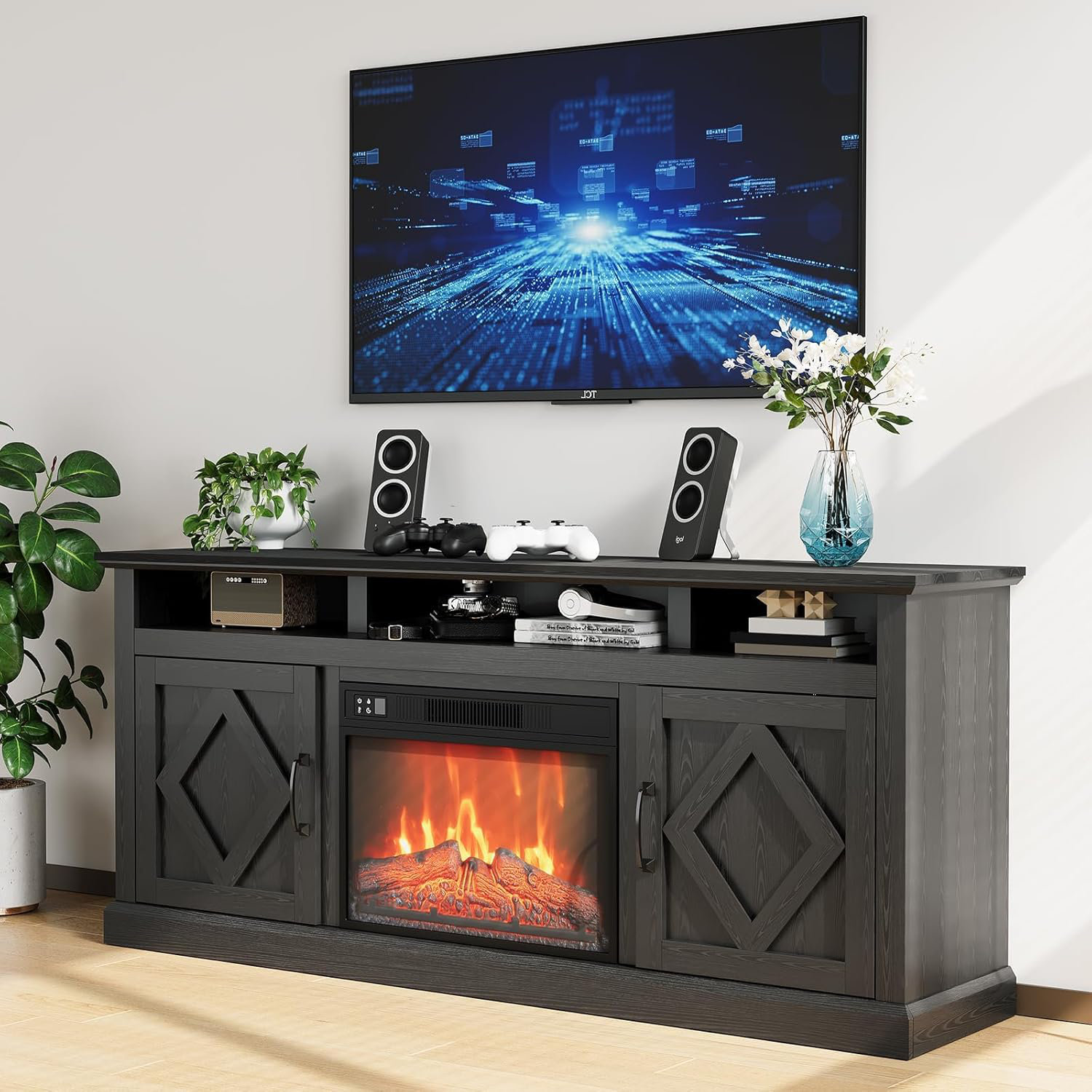 August Grove® 67" Modern Fireplace TV Stand With 23" Electric Fireplace ...