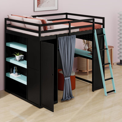 Lit mezzanine avec garde-robe intégré, tablettes, rideaux occultants et lumières RVB pour la chambre à coucher