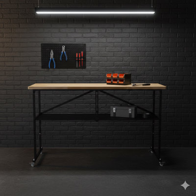 Smartfold Heavy-Duty Folding Butcher-Block Workbench – Portable Utility Table With Wood Top, Locking Casters, And Quick-Collapse Steel Frame