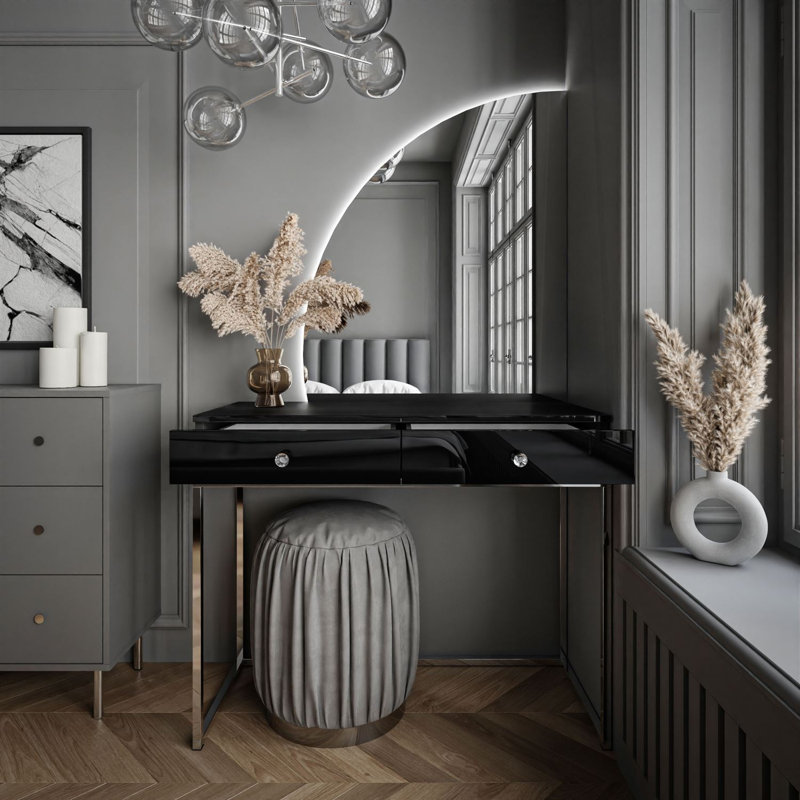 Brilen Dressing Table with Mirror, Chrome/Black High Gloss