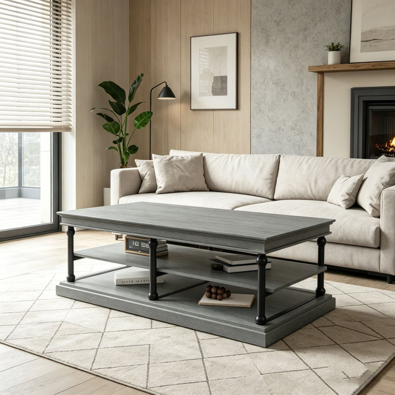 Table basse 55,1 po en bois, 2 tablettes de rangement ouvertes, Gris