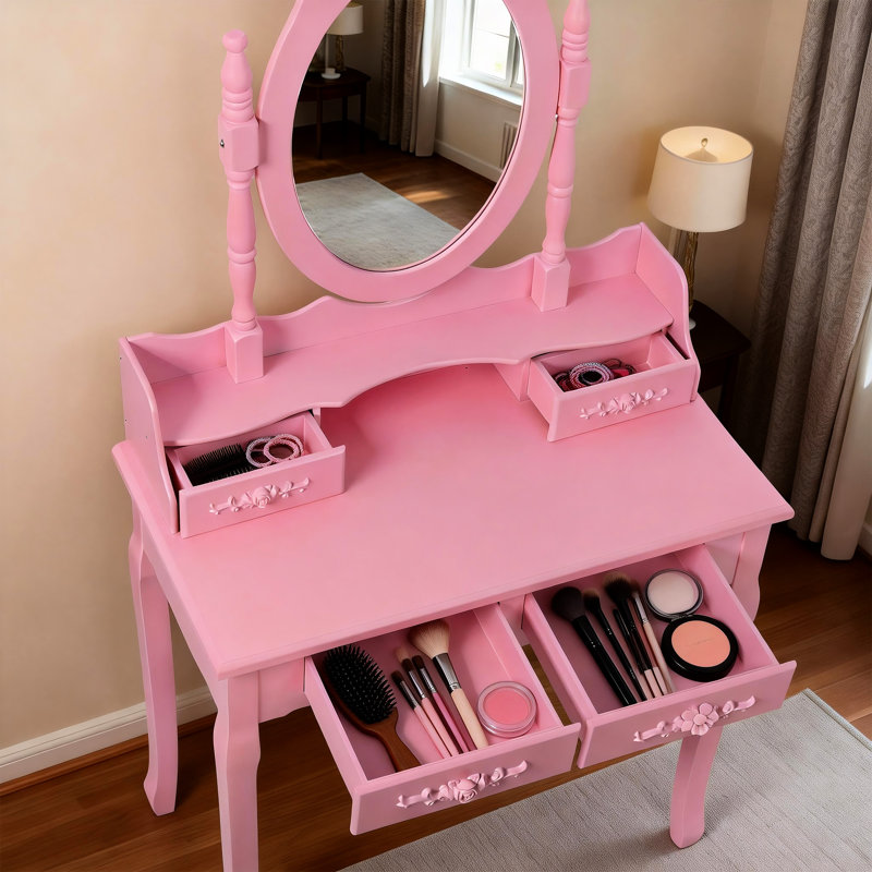 Coiffeuse à maquillage rose avec 4 tiroirs, miroir réglable à 360 ° et bureau d'organisation de chambre à coucher, Pink