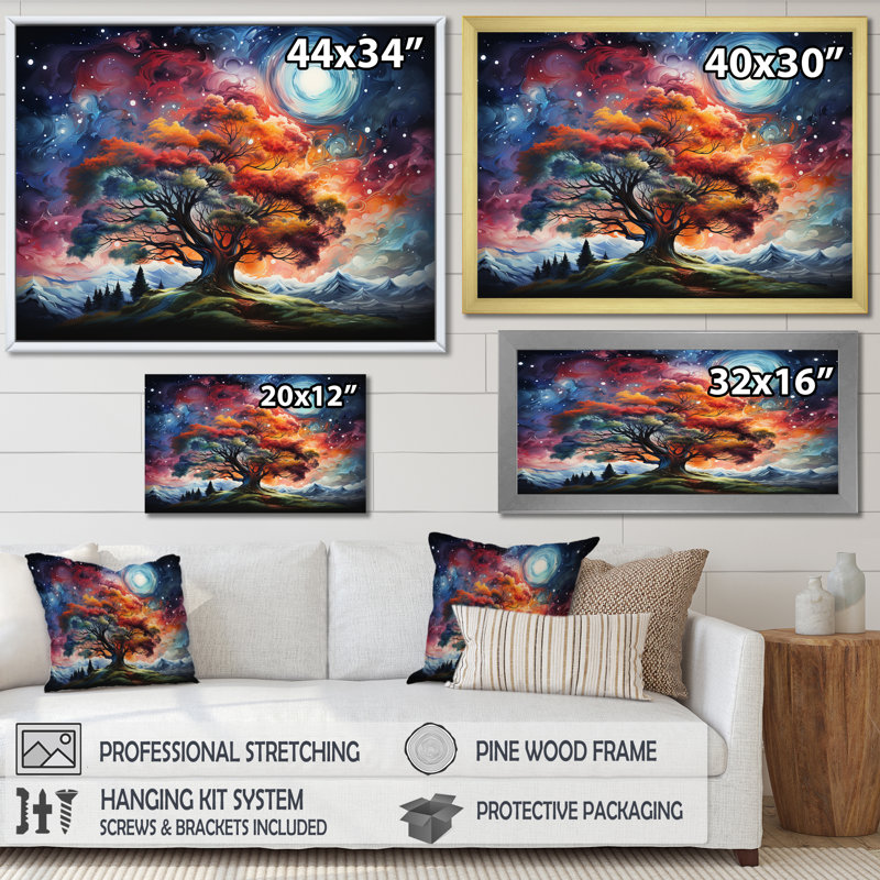 Orange And Pink Cosmic Tree - Tree Wall Art, Silver Closed Corner Frame, 34" H x 44" W x 1.5" D
