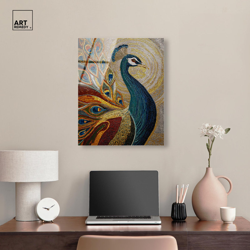 «Peacock Mosaic II», reproduction murale en acrylique boho dorée par Art Remedy, prête à être suspendue, 20 x 24