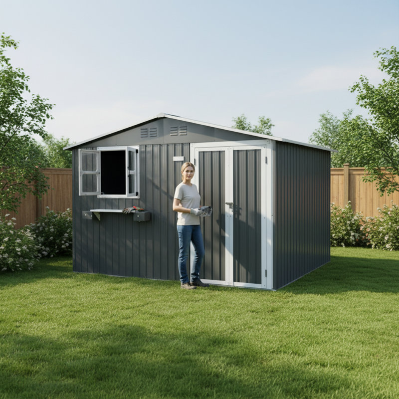 Remise de rangement extérieure en métal 10 pi x 8 pi avec fenêtre et support à fleurs, remise à outils verrouillable à deux portes, remise de jardin imperméable et imperméable pour patio, gris