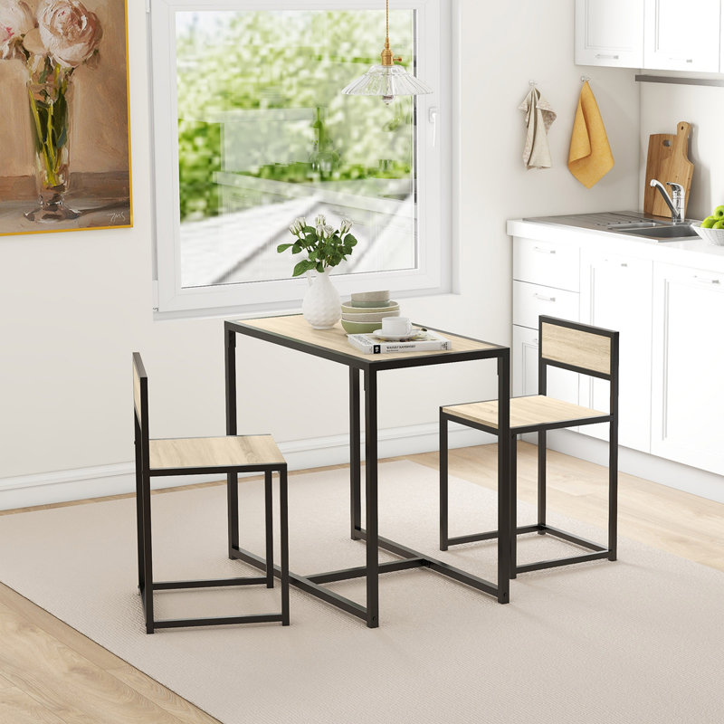 Oak and Black 3-Piece Industrial Dining Table Set with 2 Chairs