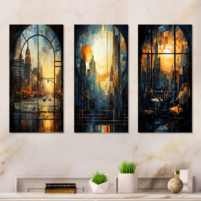 «Vintage New York City Window Views I», ensemble de 3 reproductions d'art en métal rétro