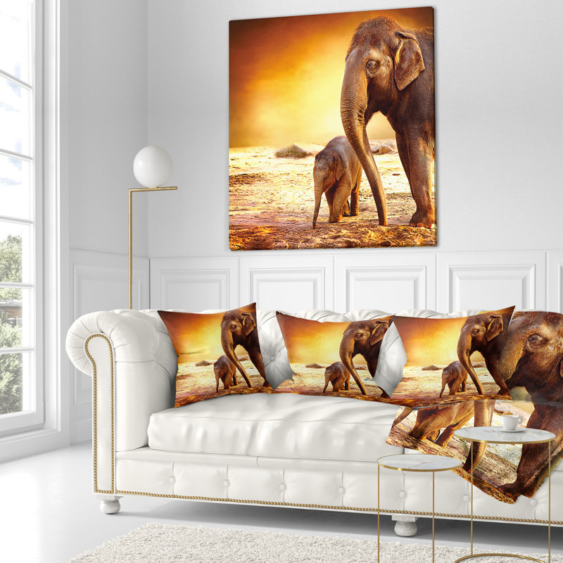 Coussin extérieur père d’éléphant et baby, 16 po x 1 po, Coussin décoratif